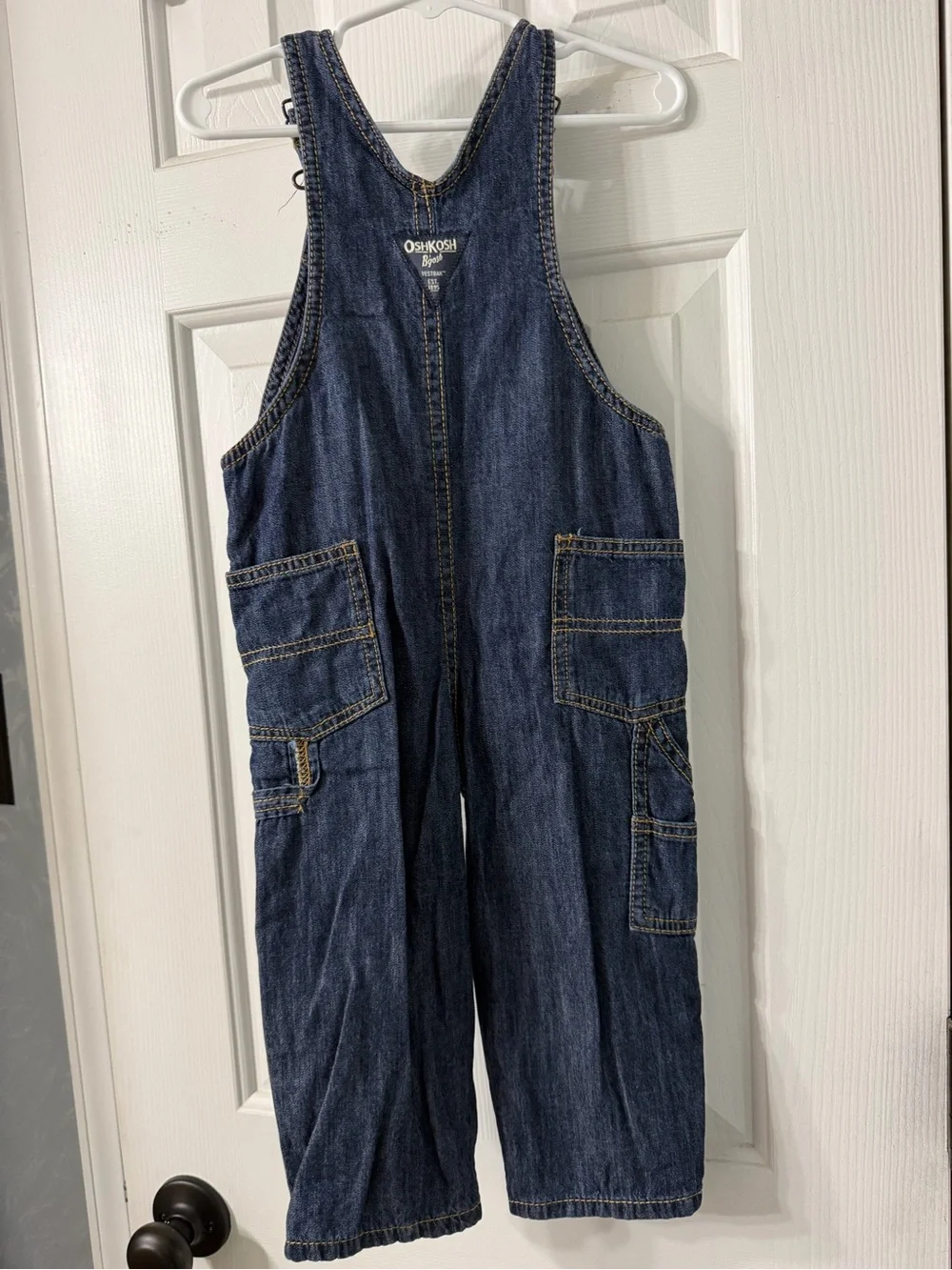 OshKosh B'gosh Dark Blue Denim Overalls with Red Plaid Trim